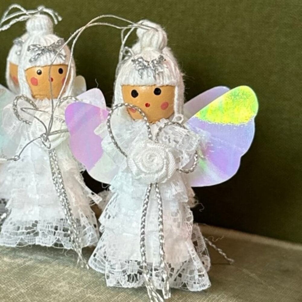 Vintage Angel Ornaments • Set of 6 • Iridescent Wings • 2.75”